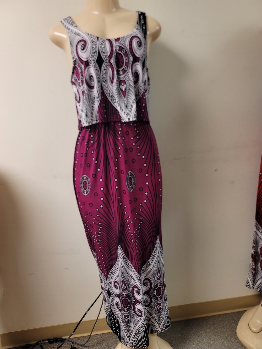 Sleeveless Boho Maxi Dress in Fuchsia and White